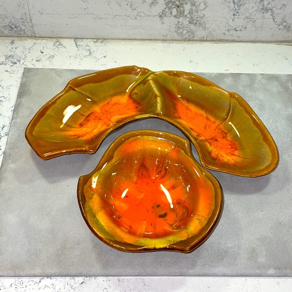 California Pottery MCM Vintage Orange Brown Glaze Chips/Dip Serving Set EUC - Picture 1 of 11